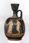LEKYTHOS ARIBALLICA APULA A FIGURE ROSSE
 IV secolo a.C.; alt. cm 21; Al centro, due donne divergenti che si tengono per mano: una si volge ad un gio...