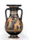 PELIKE APULA A FIGURE ROSSE
 IV secolo a.C.; alt. cm 32,2; diam. cm 15,5; Sul fronte, un erote androgino con patera che si volge verso una donna assi...