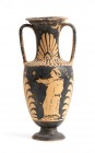 ANFORA CAMPANA A FIGURE ROSSE
 Seconda metà del IV secolo a.C.; alt. cm 29,5; Su di un lato vi è una figura femminile ammantata; sull’altro, un atlet...