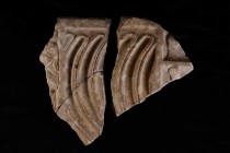 PORZIONE DI SARCOFAGO MARMOREO STRIGILATO
 III - IV secolo d.C.; alt. cm 27 - 18; spessore massimo cm 5; (alt. tot. cm 35); Tre frammenti pertinenti ...