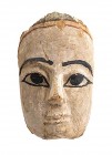 MASCHERA LIGNEA DI SARCOFAGO EGIZIO
 Periodo Tardo, ca. 664 – 332 a.C.; alt. cm 19; alt. cm 28 (con base); Maschera egizia funeraria in legno stuccat...