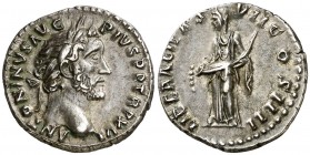 (152-153 d.C.). Antonino pío. Denario. (Spink 4091 var) (S. 519) (RIC. 228). 3,36 g. EBC.