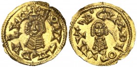 Leovigildo (575-586). Ispali (Sevilla). Triente. (CNV. 32, mismo ejemplar) (R.Pliego 48c, mismo ejemplar). Alabeada. Muy rara. 1,49 g. (EBC+).