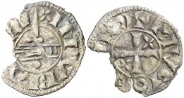 Comtat d'Empúries. Hug III (1153-1173). Diner. (Cru.V.S. 94) (Cru.C.G. 1908). Cospel faltado. Muy rara. 0,54 g. (MBC-).