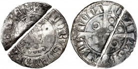 Jaume II (1291-1327). Barcelona. Croat. (Cru.V.S. 337.4) (Cru.C.G. 2154e). Letras A y U latinas. Rota en dos trozos. 2,86 g. (MBC-).