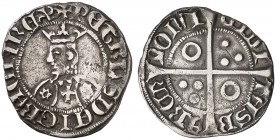 Pere III (1336-1387). Barcelona. Croat. (Cru.V.S. falta) (Badia 286) (Cru.C.G. falta). Flores de seis pétalos y cruz en el vestido. Letras góticas exc...