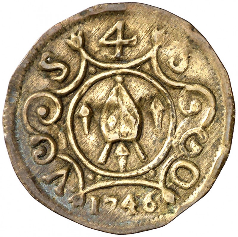 1746. Barcelona. Sant Sever. Pellofa. (Cru. 1301). Valor: 4 sous. Latón. 0,48 g....