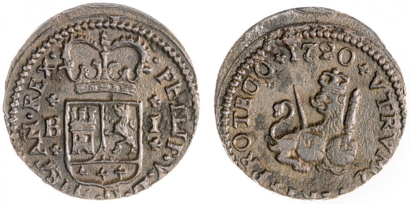 1720. Felipe V. Barcelona. 1 maravedí. (AC. 45). Algo descentrada. 2,08 g. MBC.