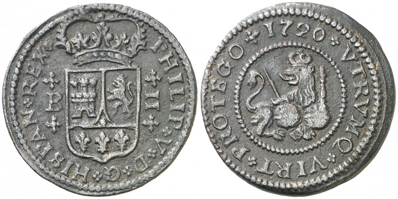 1720. Felipe V. Barcelona. 2 maravedís. (AC. 54). 4,37 g. MBC.