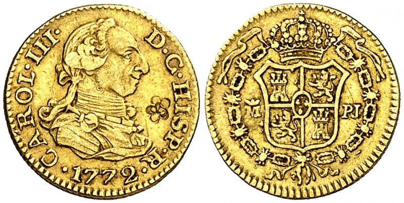 1772. Carlos III. Madrid. PJ. 1/2 escudo. (AC. 1256). Buen ejemplar. Contramarca...