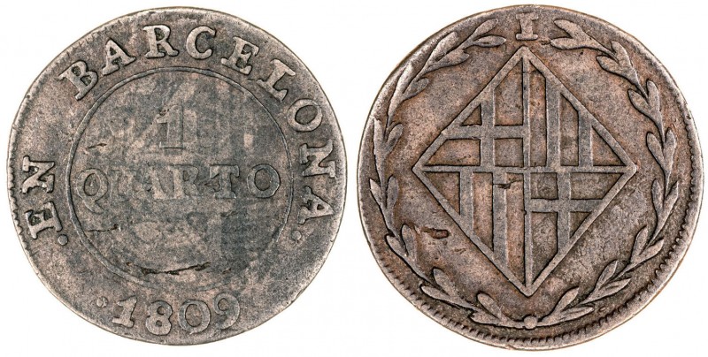 1809. Catalunya Napoleónica. Barcelona. 1 cuarto. (AC. 3). Escasa. 2 g. BC/BC+.