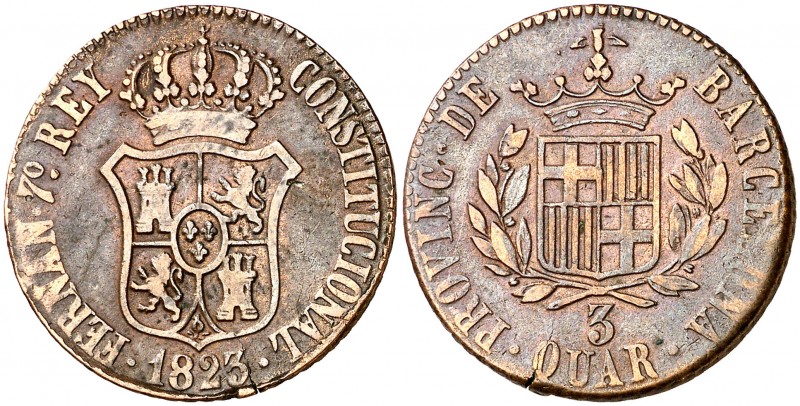 1823. Fernando VII. Barcelona. 3 cuartos. (AC. 15). 6,93 g. MBC/MBC+.