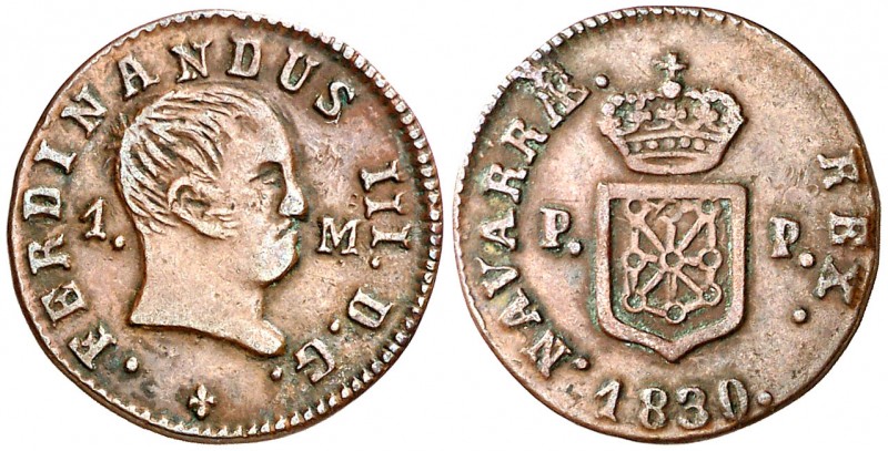 1830. Fernando VII. Pamplona. 1 maravedí. (AC. 39). Atractiva. 1,81 g. EBC-.