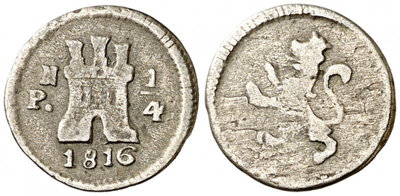 1816. Fernando VII. Popayán. 1/4 de real. (AC. 283) (Restrepo 101-1). El 6 de la...