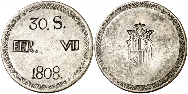 1808. Fernando VII. Mallorca. 30 sous. (AC. 1289). Golpecito en canto. 26,74 g. ...