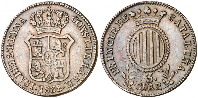 1838. Isabel II. Barcelona. 3 cuartos. (AC. 6). 6,76 g. MBC.