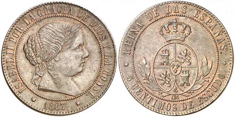 1867. Isabel II. Barcelona. OM. 5 céntimos de escudo. (AC. 245). 12,59 g. EBC-.