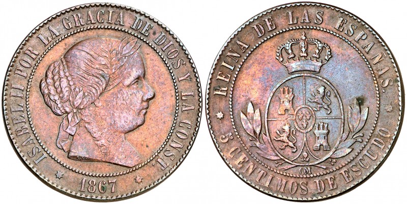 1867. Isabel II. Sevilla. OM. 5 céntimos de escudo. (AC. 261). 12,51 g. MBC.