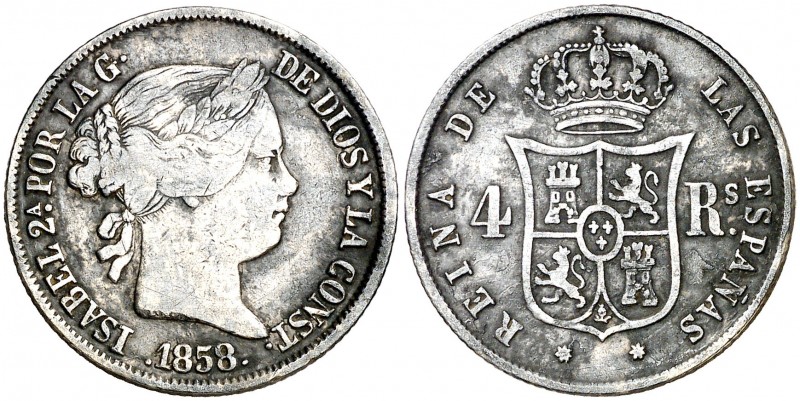 1858. Isabel II. Sevilla. 4 reales. (AC. 491). Escasa. 4,98 g. BC+.