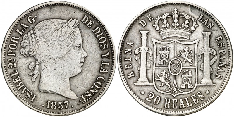 1857. Isabel II. Barcelona. 20 reales. (AC. 572). Muy rara. 25,87 g. MBC.