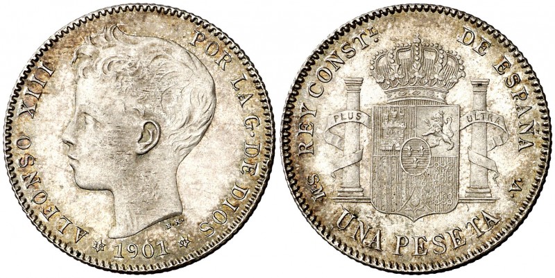 1901*1901. Alfonso XIII. SMV. 1 peseta. (AC. 60). Rayitas de acuñación en anvers...