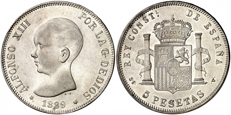 1889*1889. Alfonso XIII. SGV. 5 pesetas. (Barrera 1268). Falsa de época en plata...