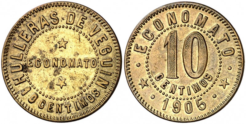 Veguín (Asturias). Hulleras. Economato. 10 céntimos. (RDA. 157). 4,21 g. MBC-/MB...