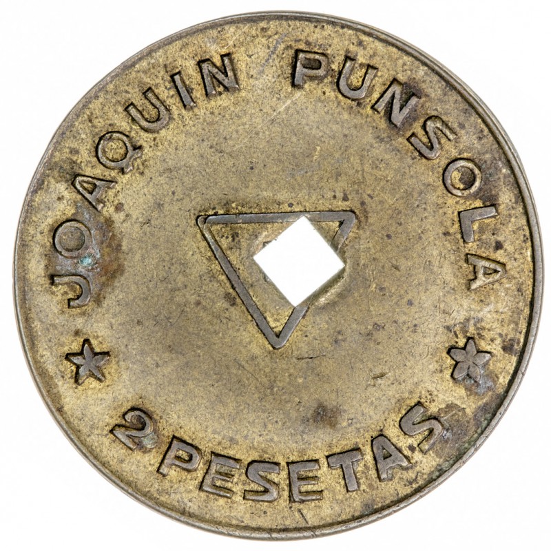 Joaquín Punsola. 2 pesetas. Perforación. 5,71 g. MBC-.