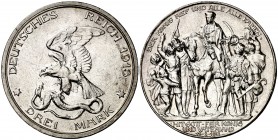 Alemania. Prusia. 1913. Guillermo II. A (Berlín). 3 marcos. (Kr. 534). Centenario de la derrota de Napoleón. AG. 16,63 g. S/C.