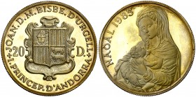 Andorra. 1985. 20 diners. (Kr. 26). Navidad. En carterita oficial con certificado. AG. 15,99 g. Proof.