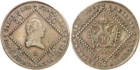Austria. 1807. Francisco I. A (Viena). 30 kreuzer. (Kr. 2149). Buen ejemplar. CU. 15,26 g. MBC+.