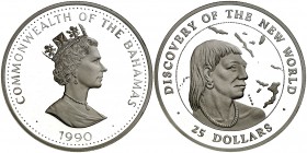 Bahamas. 1990. Isabel II. 25 dólares. (Kr. 134). Descubrimiento del Nuevo Mundo. Acuñación de 5000 ejemplares. En estuche oficial deteriorado con cert...