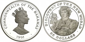 Bahamas. 1991. Isabel II. 25 dólares. (Kr. 153). Descubrimiento del Nuevo Mundo. Acuñación de 500 ejemplares. En estuche oficial deteriorado con certi...