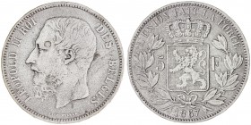 Bélgica. 1867. Leopoldo II. 5 francos. Falsa de época en calamina. 18,39 g. MBC+.
