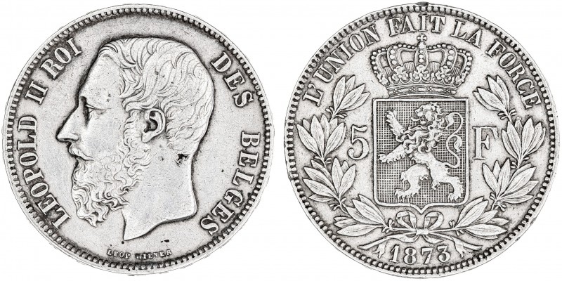 Bélgica. 1873. Leopoldo II. 5 francos. (Kr. 24). AG. 24,96 g. MBC+.