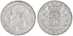 Bélgica. 1875. Leopoldo II. 5 francos. (Kr. 24). AG. 24,79 g. MBC+.
