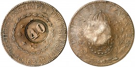 Brasil. s/d (1835). Pedro II. 40 reis. (Kr. 446). Contramarca 40 (De Mey 421) sobre 80 reis 1832 R. CU. 26,79 g. MBC+.