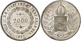Brasil. 1852. Pedro II. 2000 reis. (Kr. 462). AG. 25,37 g. EBC-.