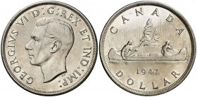 Canadá. 1947. Jorge VI. 1 dólar. (Kr. 37). 7 puntiagudo. Leves rayitas. Muy rara. AG. 23,23 g. EBC.