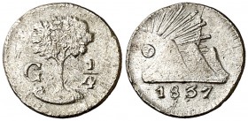 Centro América. 1837. Guatemala. 1/4 de real. (Kr. 1). AG. 0,70 g. MBC+.