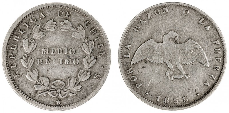 Chile. 1855. S (Santiago). 1/2 décimo. (Kr. 121). AG. 1,22 g. MBC-.