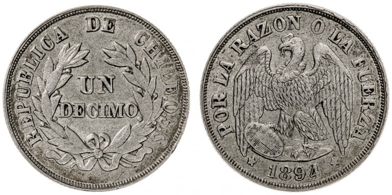 Chile. 1894/3. S (Santiago). 1 décimo. (Kr. 136.3). AG. 2,43 g. MBC+.