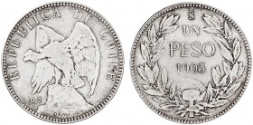 Chile. 1905. S (Santiago). 1 peso. (Kr. 152.2). AG. 19,96 g. MBC-.