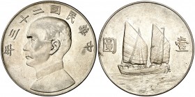 China. Año 23 (1934). 1 dólar. (Kr. 345). Sun-Yat Sen. AG. 26,63 g. S/C-.