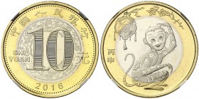 China. 2016. 10 yuan. Año del Mono. En cápsula de la NGC como MS68PL, nº 4316333-075. Bimetálica. S/C.