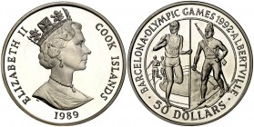 Islas Cook. 1989. Isabel II. 50 dólares. (Kr. 60). Juegos Olímpicos '92. Atletismo. En estuche. AG. 28,39 g. Proof.