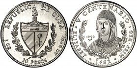 Cuba. 1990 10 pesos. (Kr. 264). V Centenario-Isabel la Católica. Acuñación de 5000 ejemplares. AG. 31,06 g. Proof.