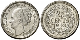 Curaçao. 1943/1. Guillermina. P (Filadelfia). 25 céntimos. (Kr. 38). Bella. Muy escasa. AG. 3,61 g. S/C.