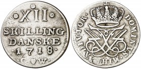 Dinamarca. 1718. Federico IV. Copenhague. CW. 12 skilling. (Kr. 504). Escasa. AG. 3,72 g. MBC.