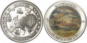 Europa. Inglaterra. 1994. 1 ecu. (Kr. falta). A. V. Roe, aviador. En estuche con certificado. AG. 23,69 g. Proof.